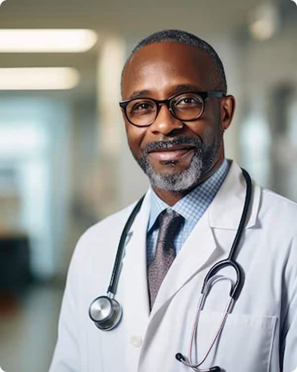 A black male doctor wearing glasses and a white coat